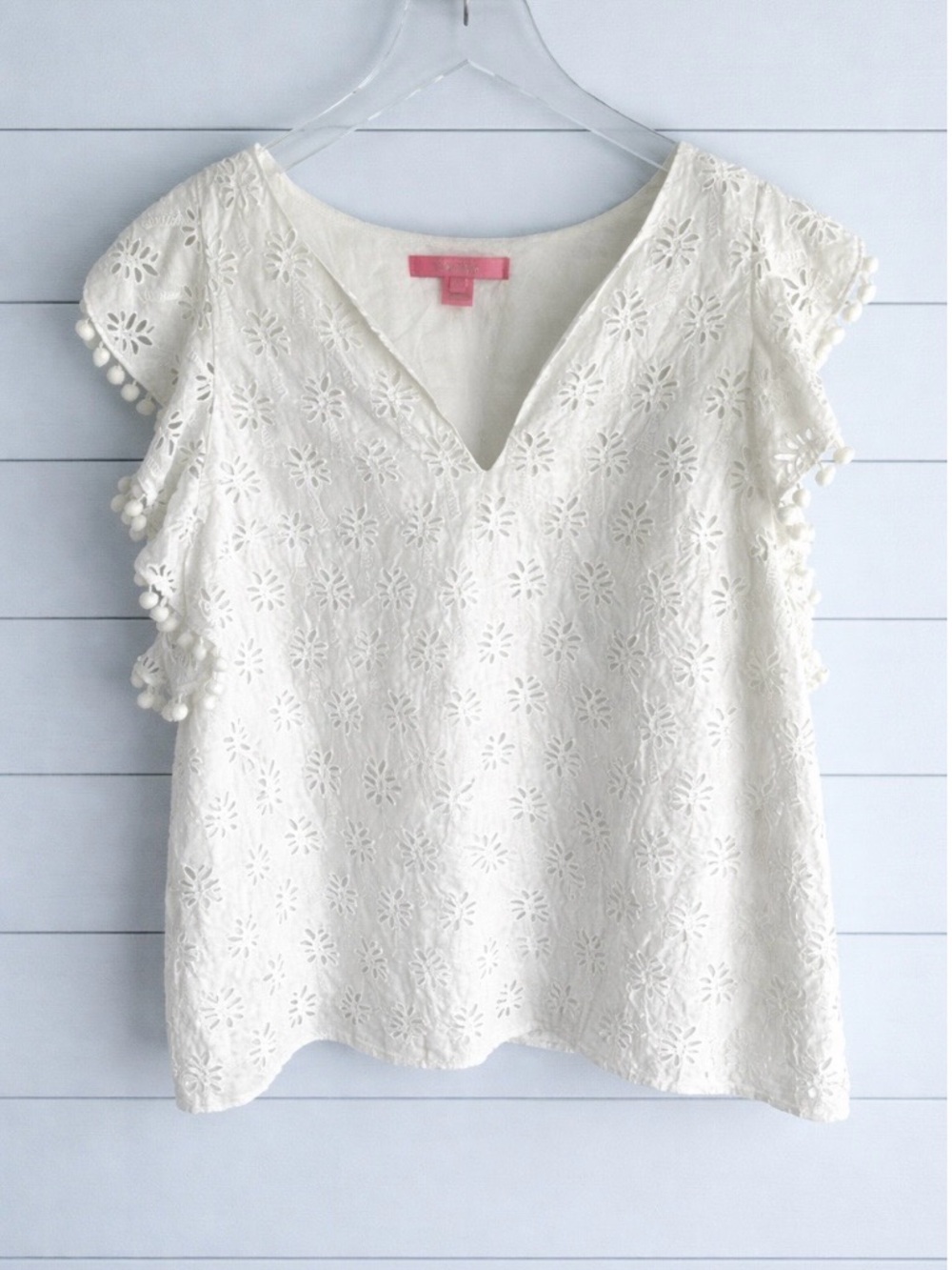 Lilly Pulitzer White Cotton Astara Eyelet Top Pom Trim V-Neck Size L